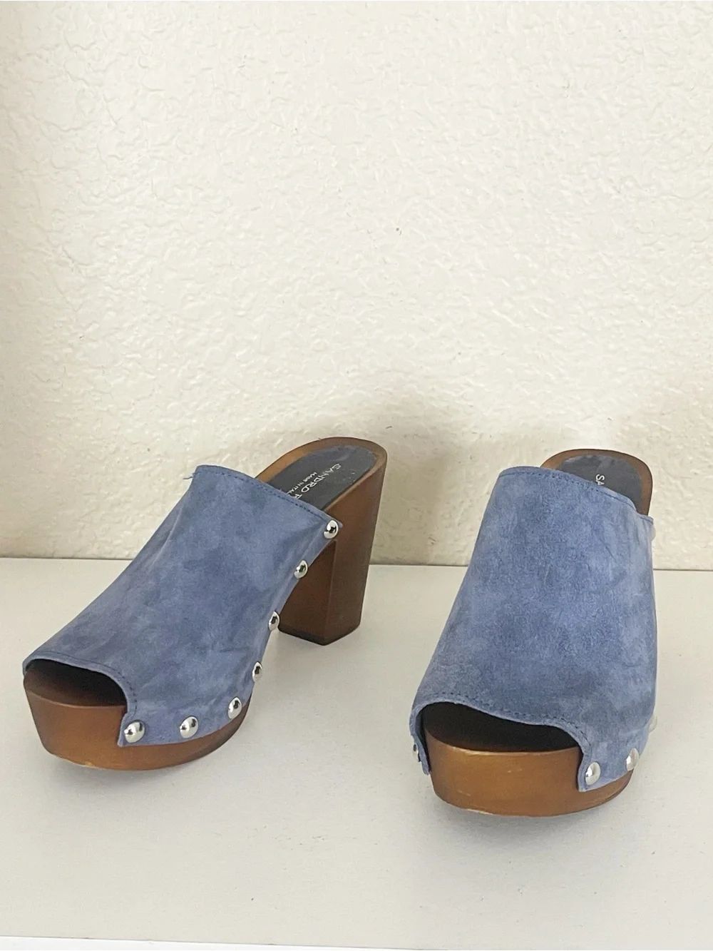 Sandro Rosi Made in Italy Blue Suede leather Studded Wooden Clogs 39 - Picture 3 of 10